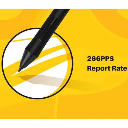 Huion HS64 Graphics Drawing Tablet with Battery-Free Pen showing close-up of battery-free pen tip and 266PPS report rate on yellow background