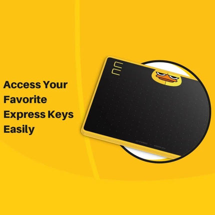 Huion HS64 Graphics Drawing Tablet with Battery-Free Pen on yellow background showing express keys and sketch surface