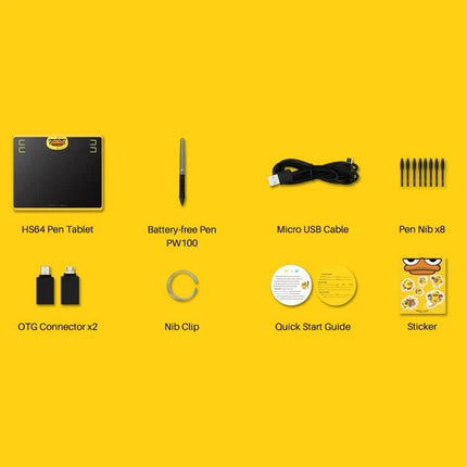 Huion HS64 Graphics Drawing Tablet with Battery-Free Pen kit laid out showing tablet, PW100 pen, cable, nibs, connectors, guide and stickers