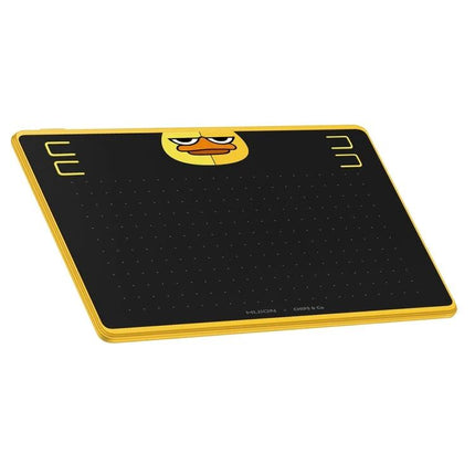 Huion HS64 Graphics Drawing Tablet with Battery-Free Pen in black and yellow with cartoon duck face and shortcut keys