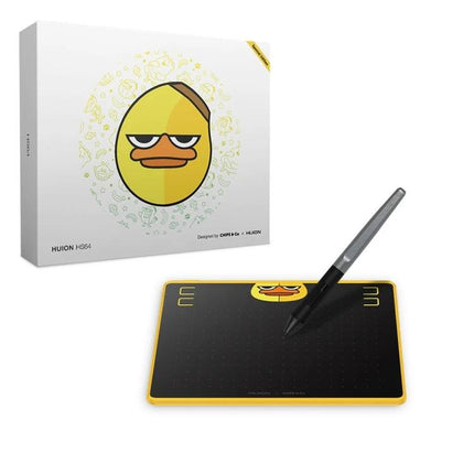 Huion HS64 Graphics Drawing Tablet with Battery-Free Pen black and yellow compact tablet with pen and packaging
