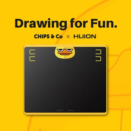Huion HS64 Graphics Drawing Tablet with Battery-Free Pen on yellow background showing black tablet with duck decal and 'Drawing for Fun' branding