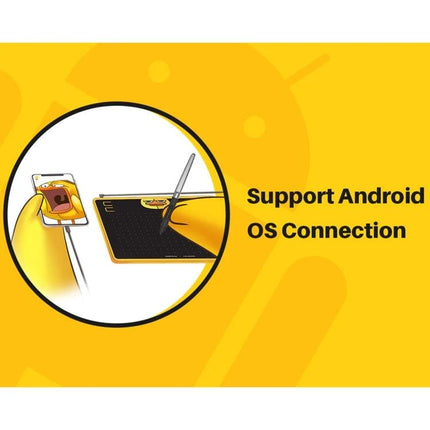 Huion HS64 Graphics Drawing Tablet with Battery-Free Pen showing Android OS connection with phone and pen on yellow background