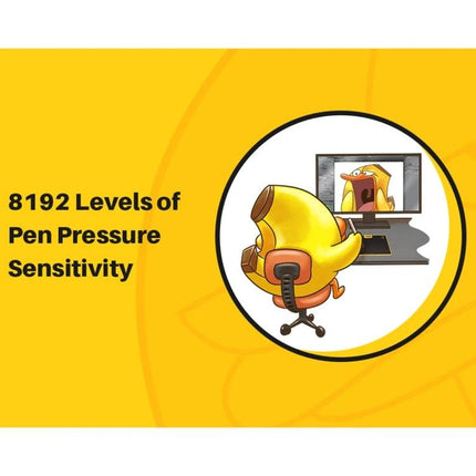 Huion HS64 Graphics Drawing Tablet with Battery-Free Pen showing 8192 levels of pen pressure sensitivity with a cartoon character at a computer