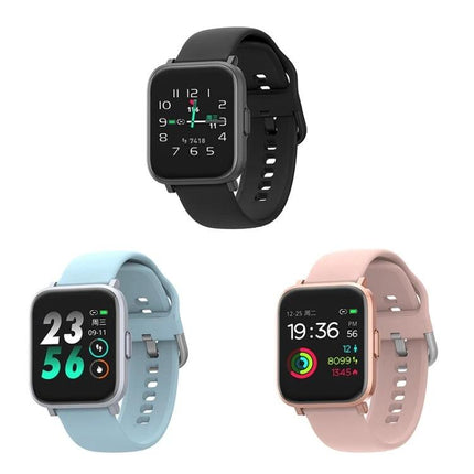 Versatile Smart Watch for Daily Health and Activity Tracking showing three color options (black, blue, pink) with activity and health displays