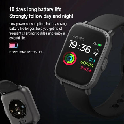 Versatile Smart Watch for Daily Health and Activity Tracking showing 10-day battery life, activity rings, step and SpO2 monitoring on black strap watch face