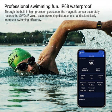 Versatile Smart Watch for Daily Health and Activity Tracking shown waterproof for swimming with app metrics and swimmer wearing watch