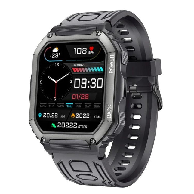 Essential Watch for Everyday Health and Activity Tracking - rugged black smartwatch showing time, steps, heart rate and activity metrics