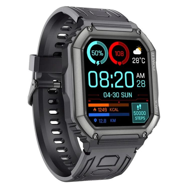 Essential Watch for Everyday Health and Activity Tracking - rugged grey smartwatch showing steps, heart rate, calories, time and weather