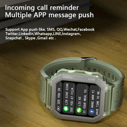 Essential Watch for Everyday Health and Activity Tracking showing smartwatch with incoming call and app message push notifications on green band