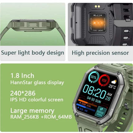 Essential Watch for Everyday Health and Activity Tracking shown with green rugged body, 1.8-inch IPS HD screen, sensor and lightweight design