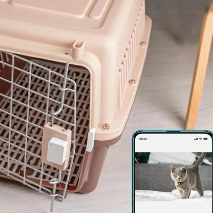 Xiaomi Intelligent Mini Door and Window Sensor for Home Security mounted on pet carrier with smartphone alert