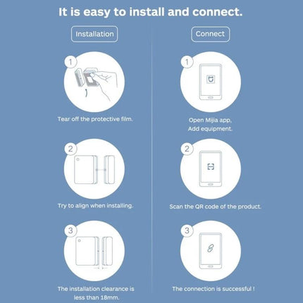 Xiaomi Intelligent Mini Door and Window Sensor for Home Security installation and app pairing guide showing steps to mount and connect