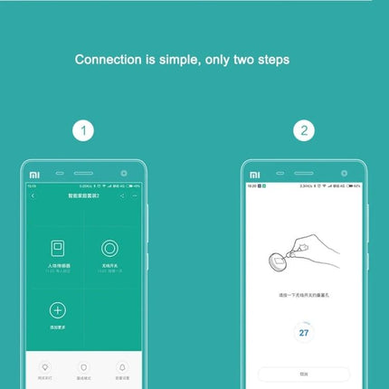 Xiaomi Intelligent Mini Wireless Switch for Smart Home Control showing two-step mobile app connection guide with phone screens