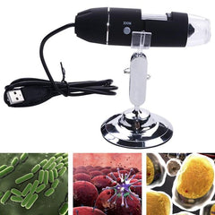 USB Digital Microscope with Adjustable LED for Inspections on chrome stand with USB cable and sample close-ups