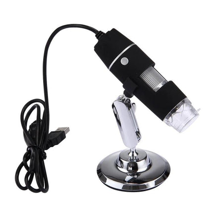 USB Digital Microscope with Adjustable LED for Inspections showing 1000x handheld microscope on chrome stand with USB cable and adjustable lighting