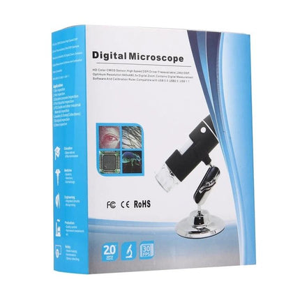 USB Digital Microscope with Adjustable LED for Inspections showing boxed product, 1000x magnification, 0.3MP sensor and adjustable lighting