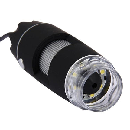USB Digital Microscope with Adjustable LED for Inspections showing close-up of black handheld microscope head with LED ring and USB cable