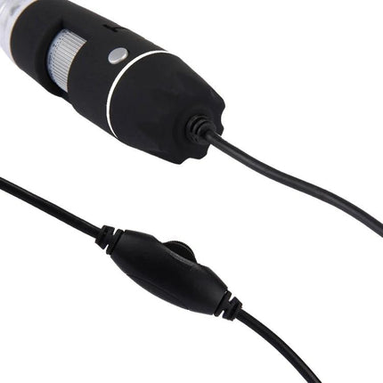 USB Digital Microscope with Adjustable LED for Inspections showing black handheld microscope body, focus wheel and inline LED control switch
