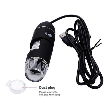 USB Digital Microscope with Adjustable LED for Inspections showing handheld microscope, USB cable, LED ring and dust plug