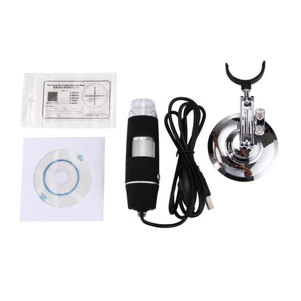 USB Digital Microscope with Adjustable LED for Inspections showing handheld microscope, USB cable, software CD, and adjustable stand