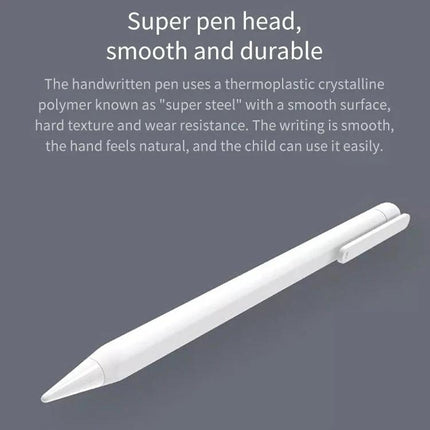 Xiaomi Mijia 20-Inch Electronic Handwriting Tablet with Pen showing white smooth durable stylus pen tip and clip on gray background