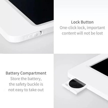 Xiaomi Mijia 20-Inch Electronic Handwriting Tablet with Pen showing lock button and battery compartment close-up