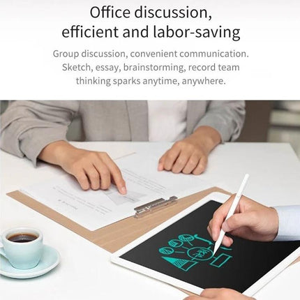 Xiaomi Mijia 20-Inch Electronic Handwriting Tablet with Pen showing two people sketching a diagram during an office discussion