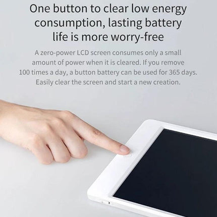 Xiaomi Mijia 20-Inch Electronic Handwriting Tablet with Pen showing finger pressing one-button clear on tablet screen