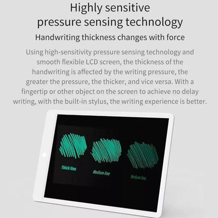 Xiaomi Mijia 20-Inch Electronic Handwriting Tablet with Pen showing pressure-sensitive handwriting thickness demo on screen