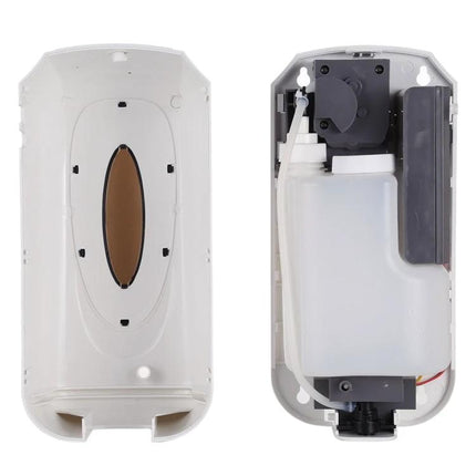 Automatic Touch-Free Dispenser for Daily Home Sanitizing Routines showing open white plastic housing and internal sanitizer reservoir