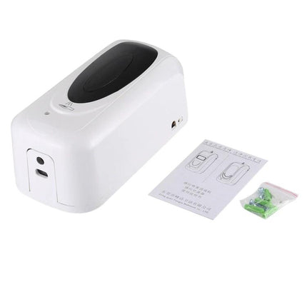 Automatic Touch-Free Dispenser for Daily Home Sanitizing Routines white motion-activated sanitizer placed with instructions and mounting hardware