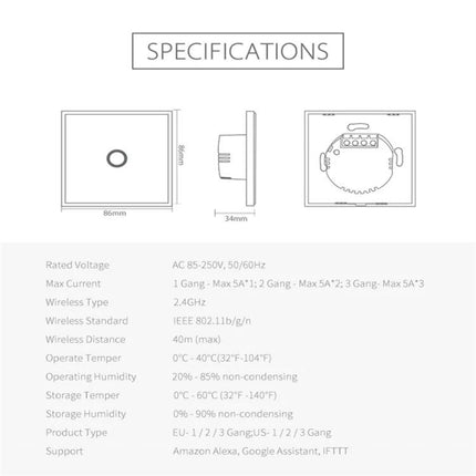 NEO Smart WiFi Light Switch for Wireless Home Lighting, 1 Gang technical specifications diagram showing dimensions and electrical details