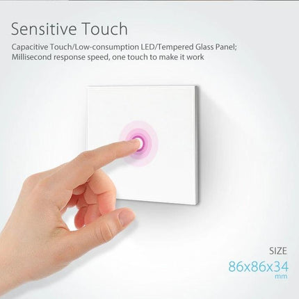 NEO Smart WiFi Light Switch for Wireless Home Lighting, 1 Gang showing touch-sensitive tempered glass panel with finger tapping and LED ring