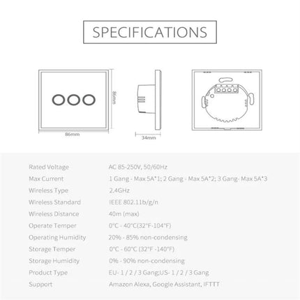 NEO 3-Gang Wireless WiFi Smart Light Control Switch for Home - product specification diagram with dimensions and electrical details