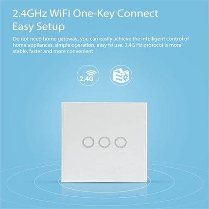 NEO 3-Gang Wireless WiFi Smart Light Control Switch for Home - white 3-button touch panel showing 2.4GHz one-key connect setup
