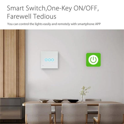 NEO 3-Gang Wireless WiFi Smart Light Control Switch for Home mounted in modern dining room, app-controlled one-key ON/OFF for remote lighting and energy savings