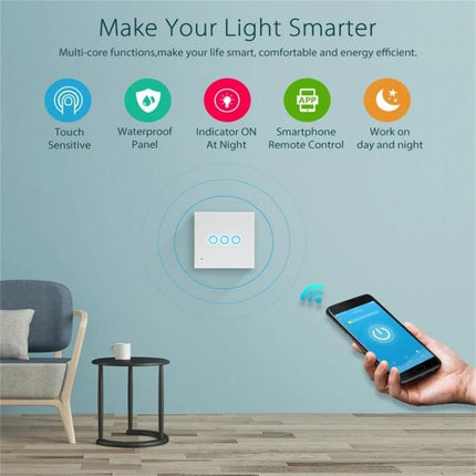 NEO 3-Gang Wireless WiFi Smart Light Control Switch for Home wall-mounted smart switch with smartphone app remote control and touch-sensitive panel