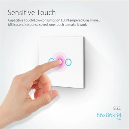 NEO 3-Gang Wireless WiFi Smart Light Control Switch for Home - hand touching sensitive touch glass panel demonstrating capacitive touch and LED indicators