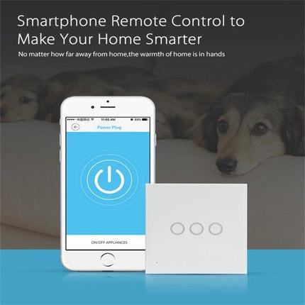 NEO 3-Gang Wireless WiFi Smart Light Control Switch for Home with smartphone app showing remote power control