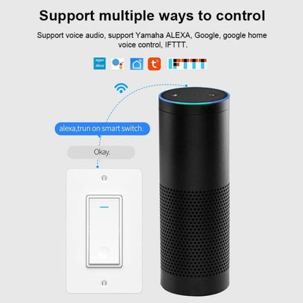 Wireless Touch Wall Switch for Smart Home Lighting, US Plug with voice assistant control showing smart speaker and wall switch