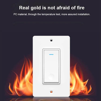 Wireless Touch Wall Switch for Smart Home Lighting, US Plug showing white touch switch plate with flames highlighting fire-resistant PC material