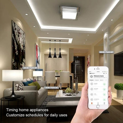 Wireless Touch Wall Switch for Smart Home Lighting, US Plug in modern living room controlled via mobile app for scheduling and remote lighting