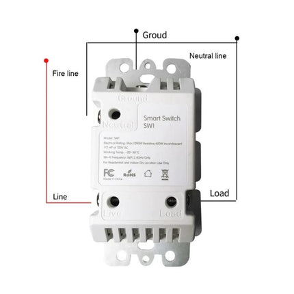 Wireless Touch Wall Switch for Smart Home Lighting, US Plug - white in-wall smart switch showing line, load, neutral and ground terminals
