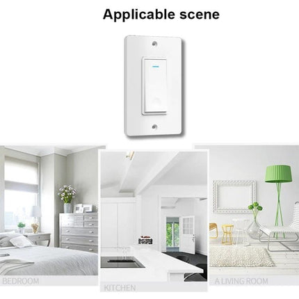 Wireless Touch Wall Switch for Smart Home Lighting, US Plug - white touch switch shown in bedroom kitchen and living room scenes