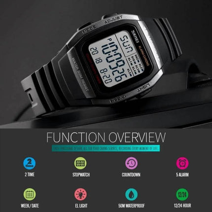 SKMEI Fashionable Waterproof Outdoor Digital Sports Watch on black background showing digital display and function overview icons