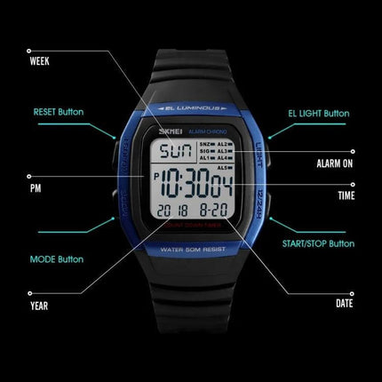 SKMEI Fashionable Waterproof Outdoor Digital Sports Watch showing digital display, buttons labeled reset, mode, EL light, start/stop, waterproof 50M