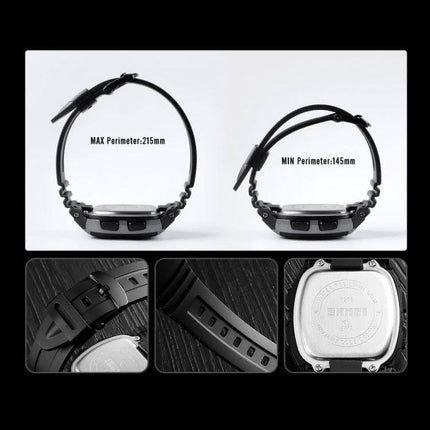 SKMEI Fashionable Waterproof Outdoor Digital Sports Watch shown from side and back, adjustable strap with 145–215mm perimeter, waterproof case