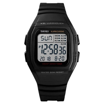 SKMEI Fashionable Waterproof Digital Watch for Outdoor Activities black digital sports watch showing time and date, 50m water resistant