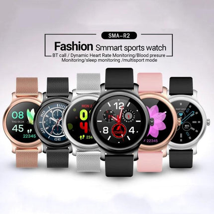 Essential Smart Watch for Daily Activity Tracking - lineup of round smartwatches in black, silver, rose gold and pink showing activity screens, heart rate and notifications